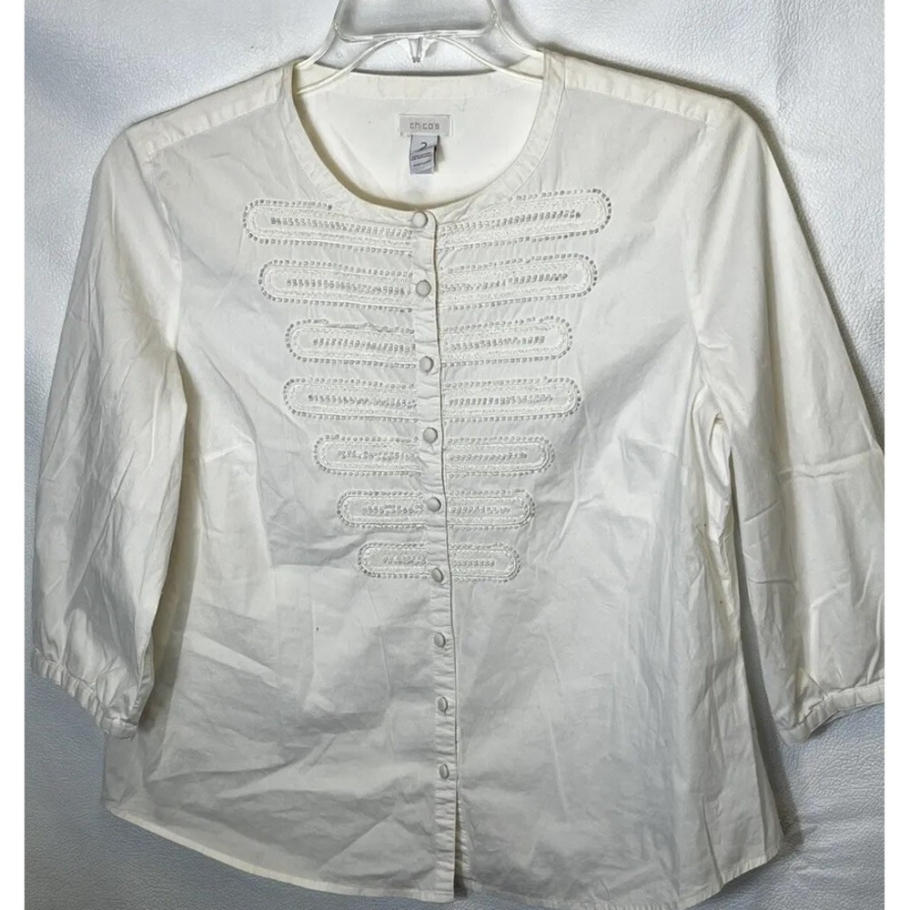 Chico's Major Chic Mally Antique Ivory Button-Up 3/4 Shirt Tunic Top Women Large